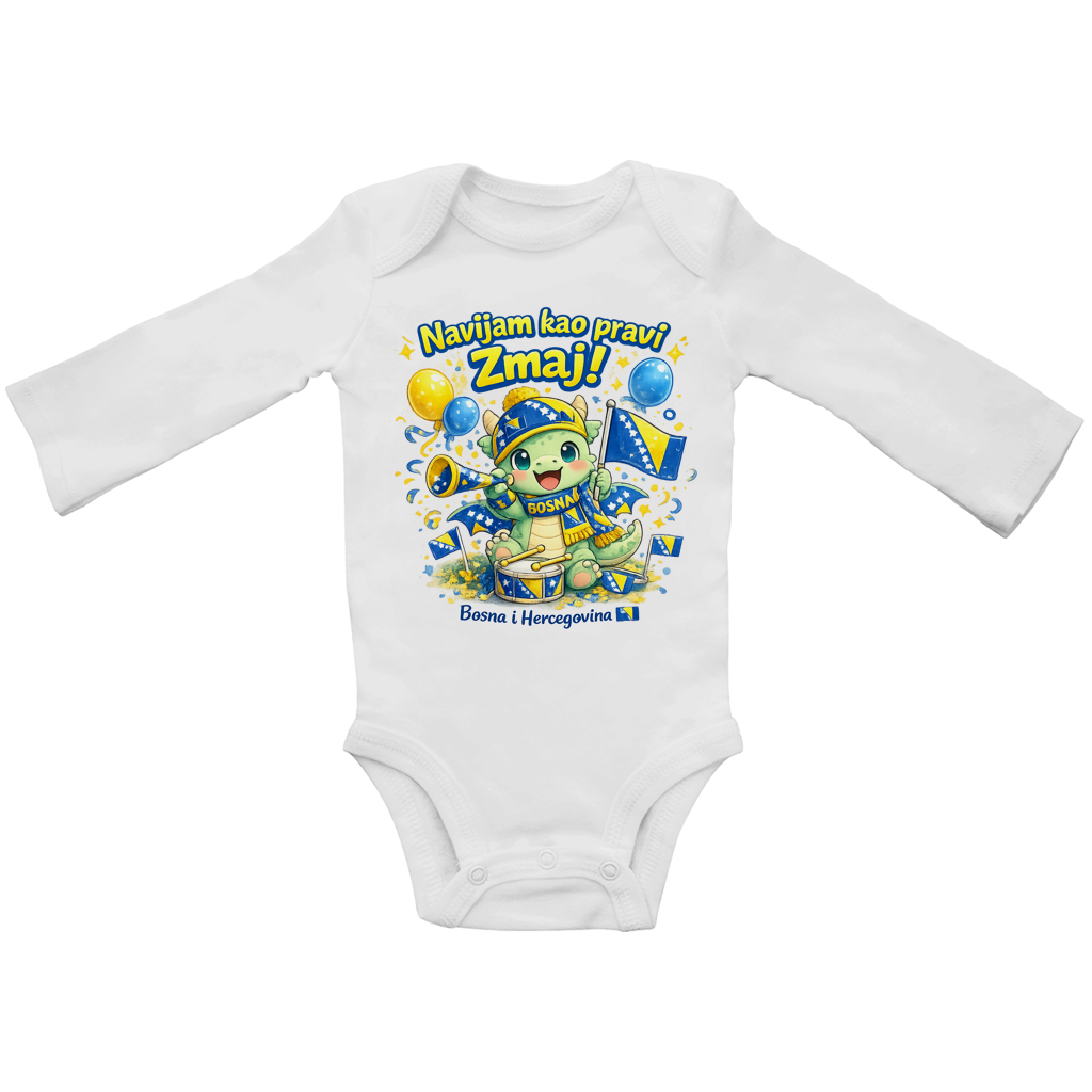 Baby Bio bodi dugih rukava – Mali zmaj navijač | Prednja štampa