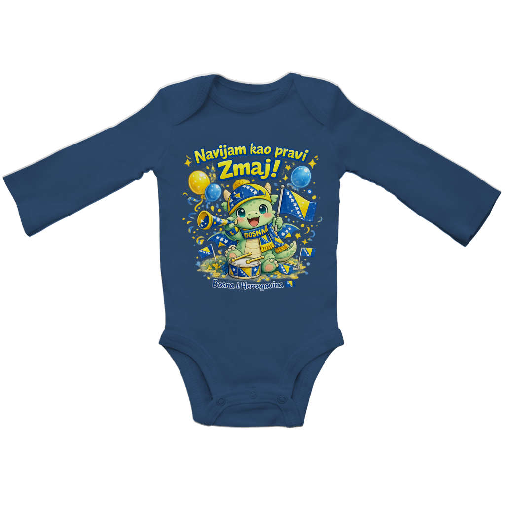Baby Bio bodi dugih rukava – Mali zmaj navijač | Prednja štampa