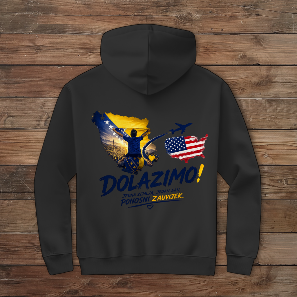 Muška dukserica s kapuljačom na patent zatvarač – Dolazi Bosna Ponosna | Print na leđima