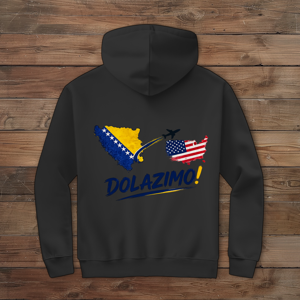 Muška dukserica sa rajsferšlusom –Dolazi Bosna | Print na leđima