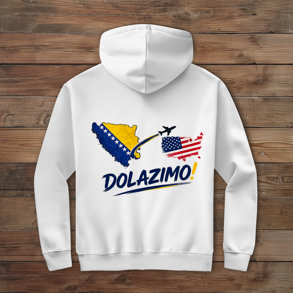 Muška dukserica sa rajsferšlusom –Dolazi Bosna | Print na leđima