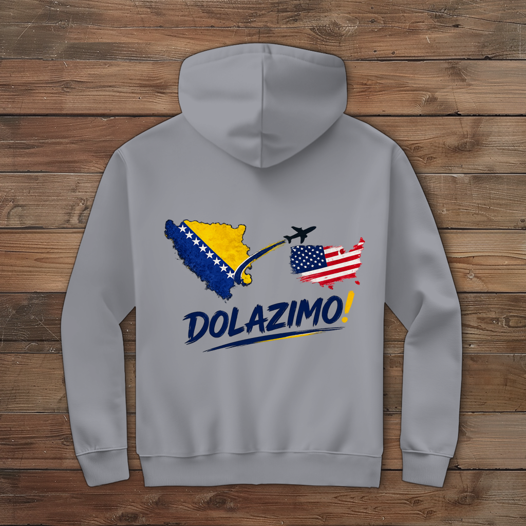 Muška dukserica sa rajsferšlusom –Dolazi Bosna | Print na leđima