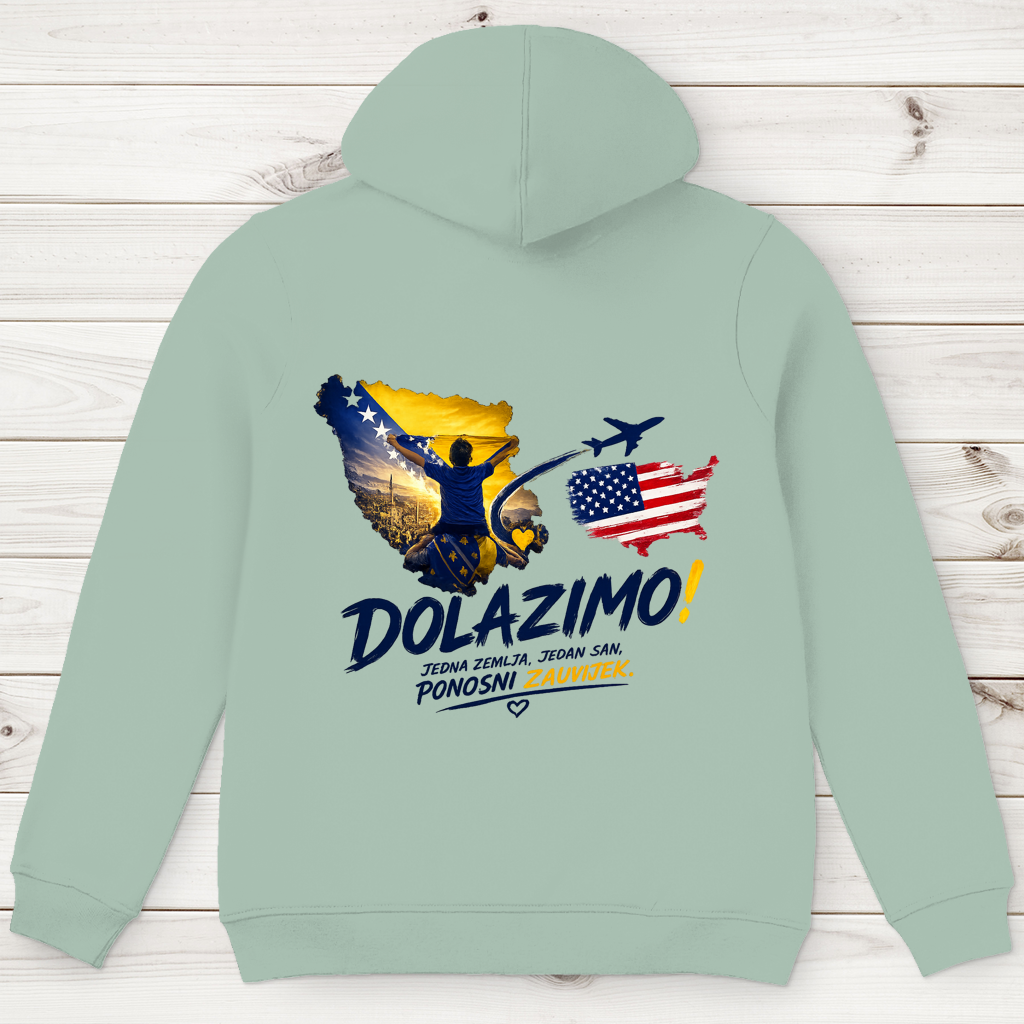 Muški Premium organski hoodie – Dolazi Bosna Ponosna | Ispis na leđima