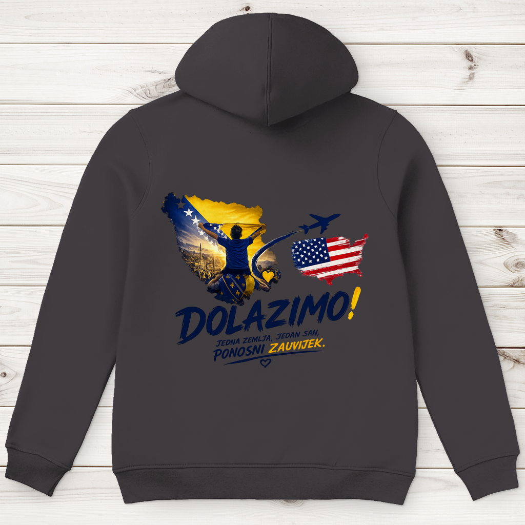 Muški Premium organski hoodie – Dolazi Bosna Ponosna | Ispis na leđima