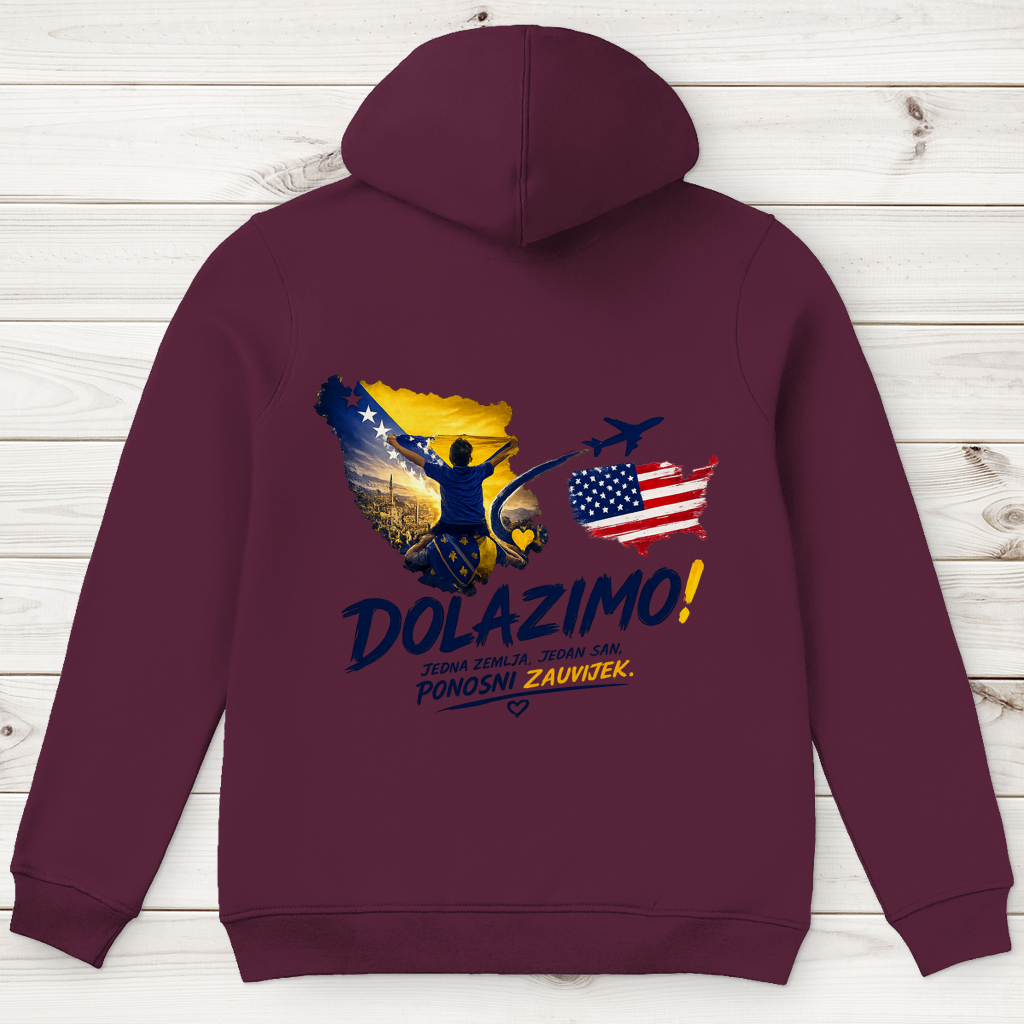 Muški Premium organski hoodie – Dolazi Bosna Ponosna | Ispis na leđima