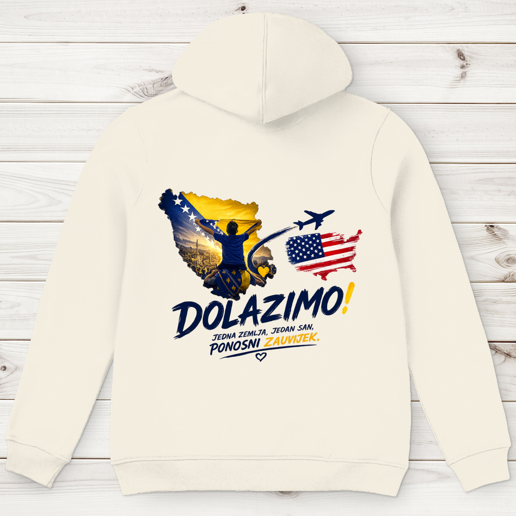 Muški Premium organski hoodie – Dolazi Bosna Ponosna | Ispis na leđima