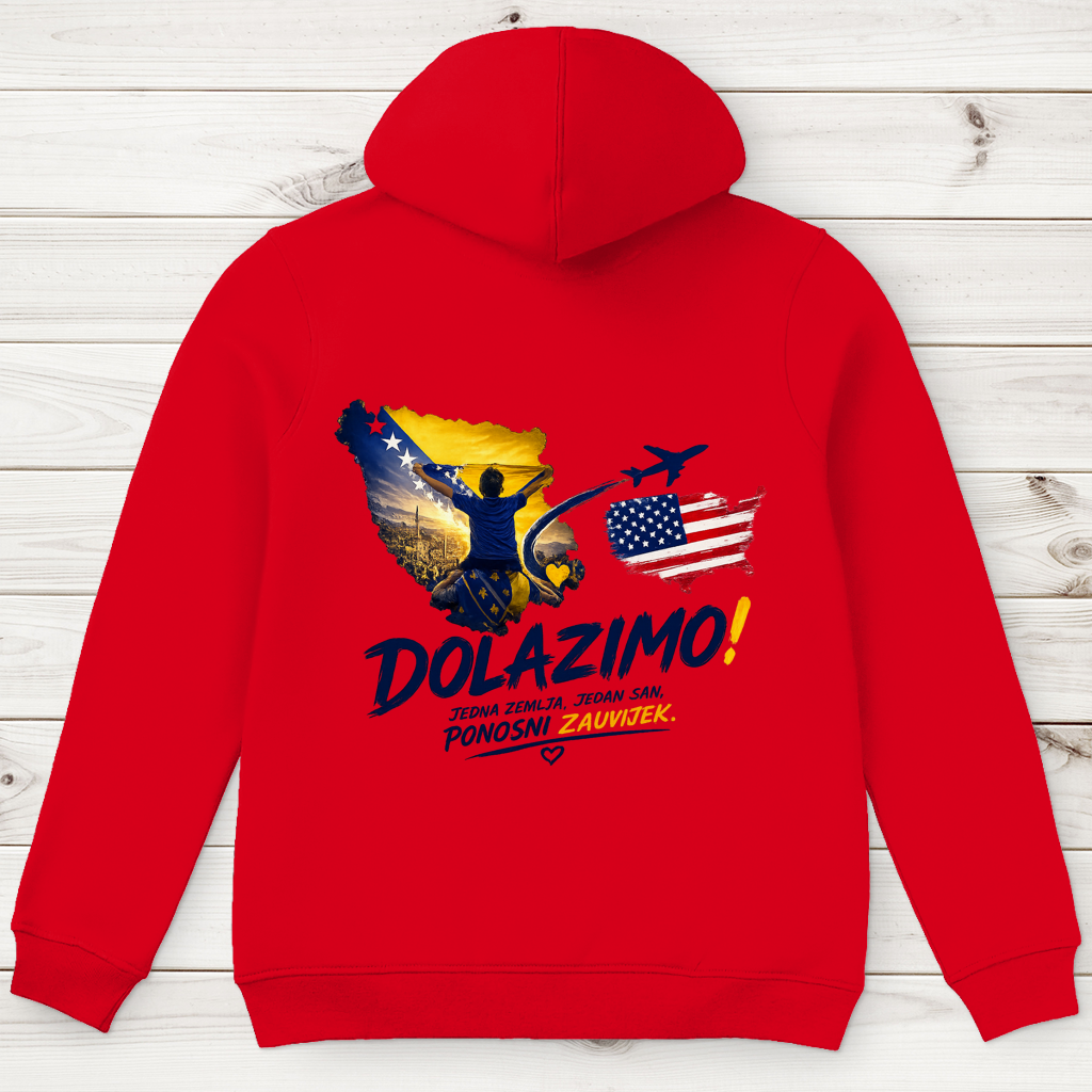 Muški Premium organski hoodie – Dolazi Bosna Ponosna | Ispis na leđima