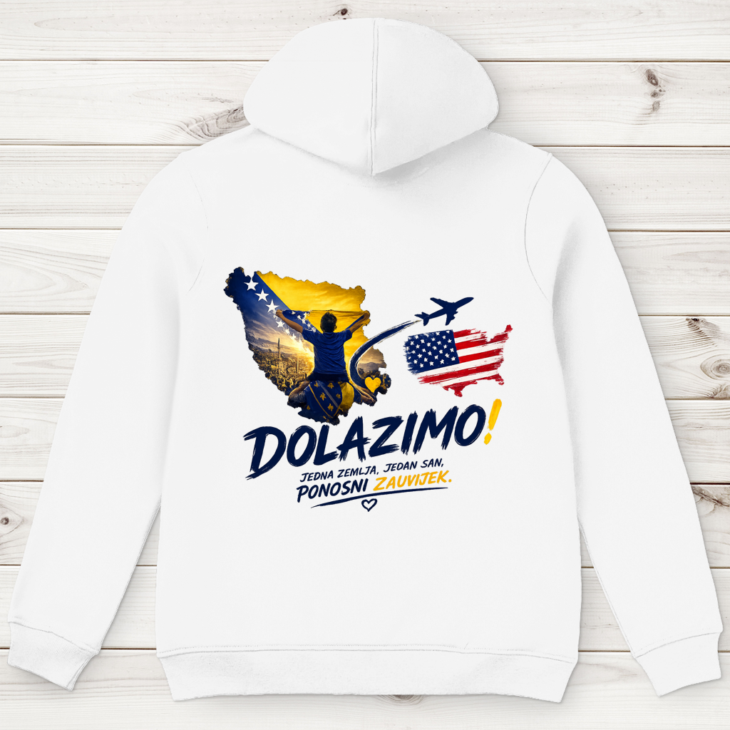 Muški Premium organski hoodie – Dolazi Bosna Ponosna | Ispis na leđima