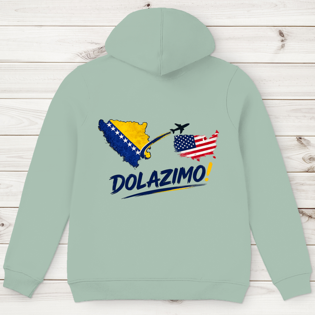 Muški premium organski duks s kapuljačom – Dolazi Bosna | Print na leđima