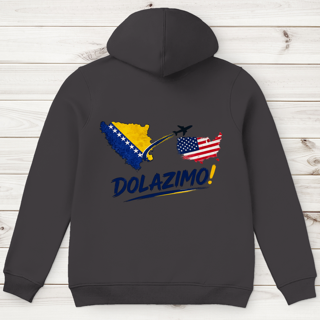 Muški premium organski duks s kapuljačom – Dolazi Bosna | Print na leđima