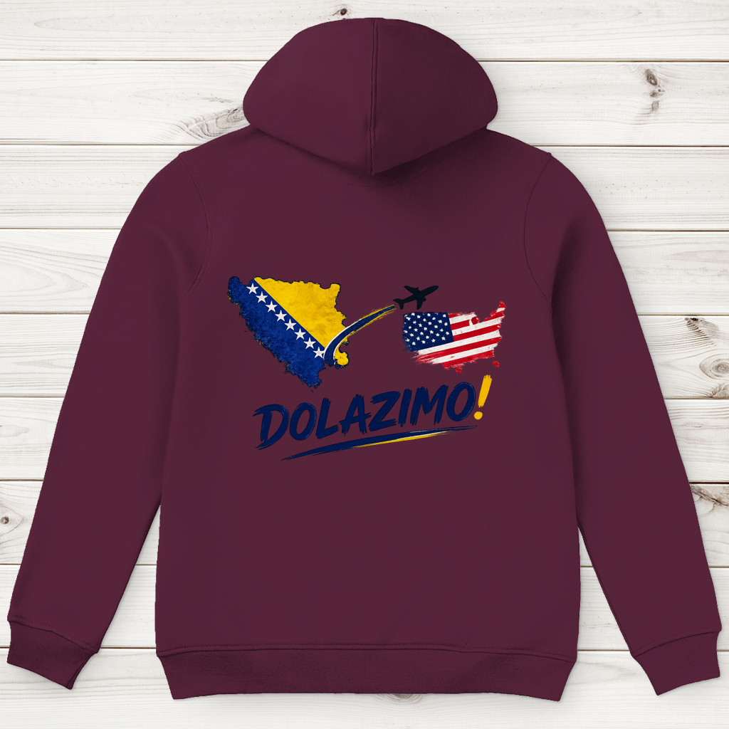 Muški premium organski duks s kapuljačom – Dolazi Bosna | Print na leđima