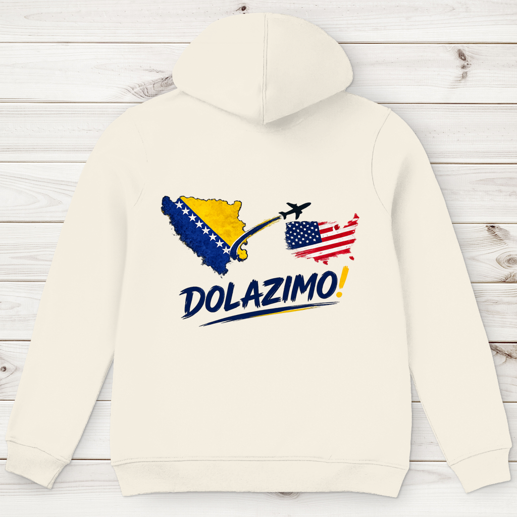 Muški premium organski duks s kapuljačom – Dolazi Bosna | Print na leđima