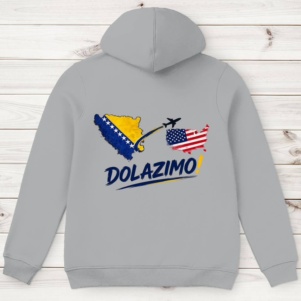 Muški premium organski duks s kapuljačom – Dolazi Bosna | Print na leđima
