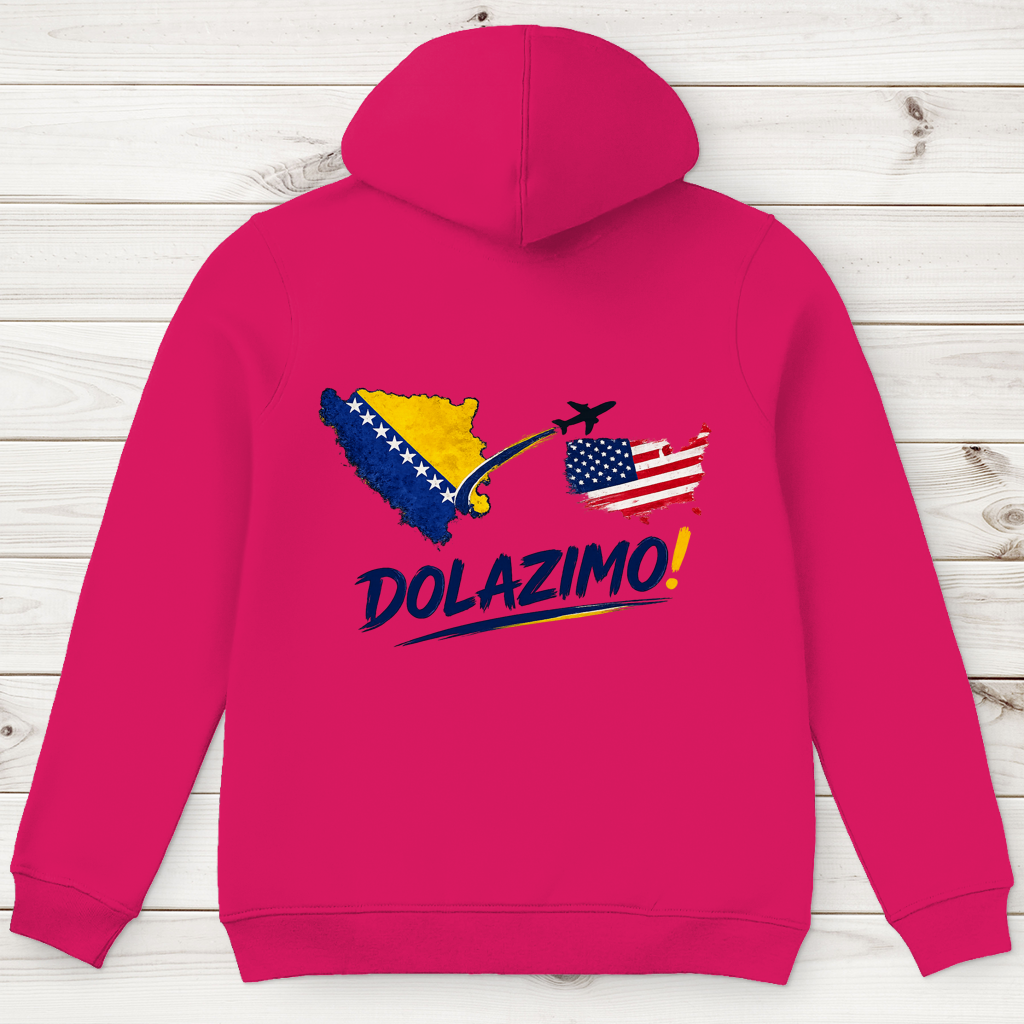 Muški premium organski duks s kapuljačom – Dolazi Bosna | Print na leđima