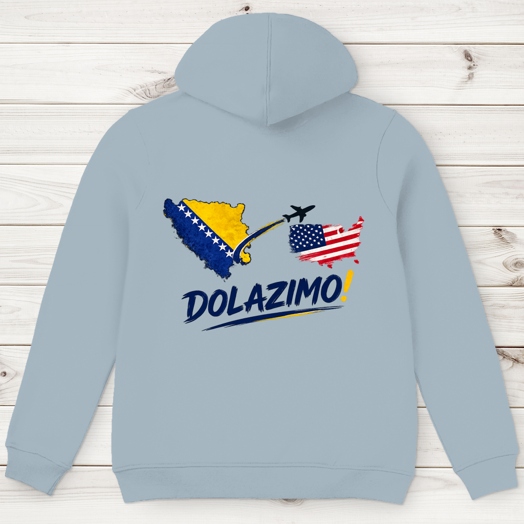 Muški premium organski duks s kapuljačom – Dolazi Bosna | Print na leđima