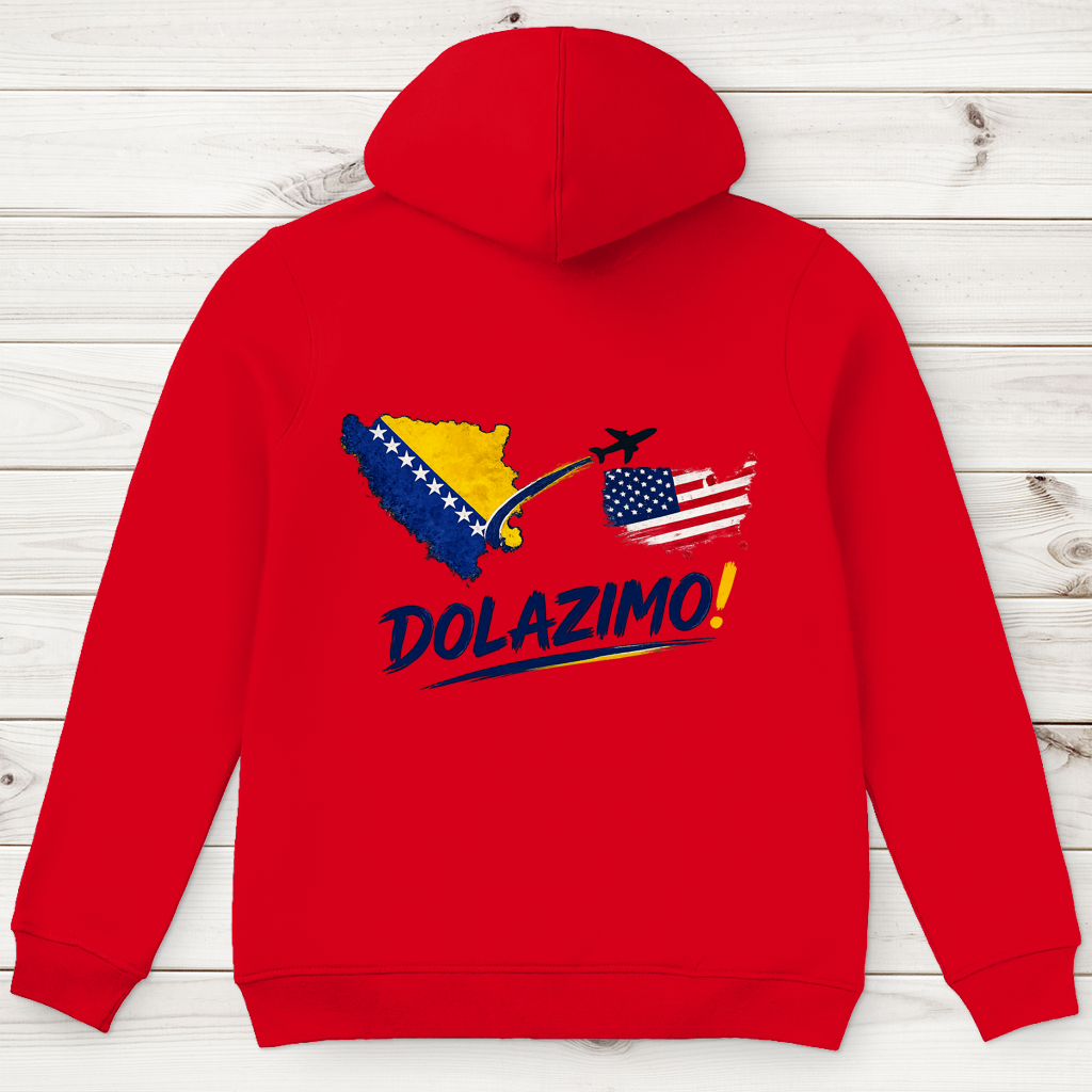 Muški premium organski duks s kapuljačom – Dolazi Bosna | Print na leđima