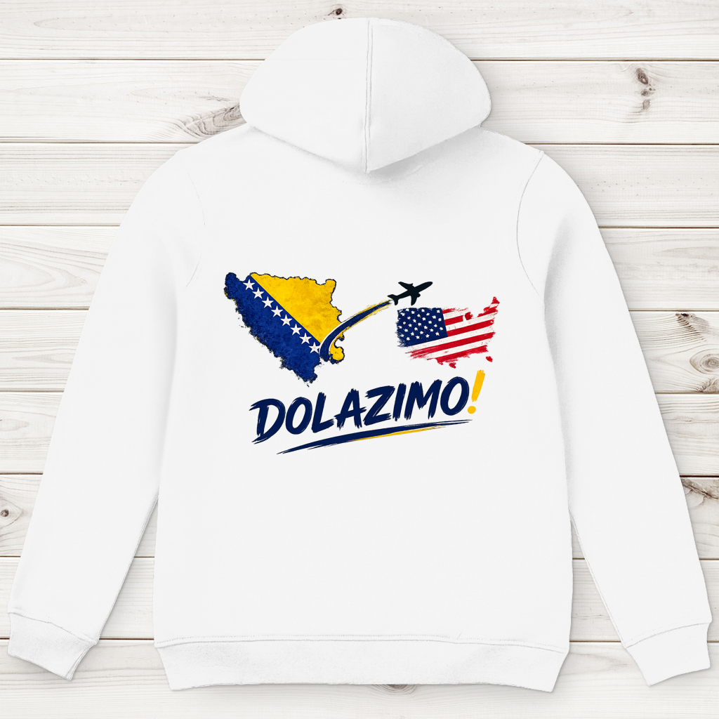 Muški premium organski duks s kapuljačom – Dolazi Bosna | Print na leđima