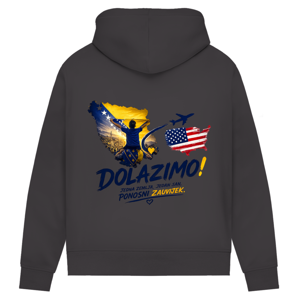 Ženski Premium organski duks – Dolazi Bosna Ponosna | Print na leđima