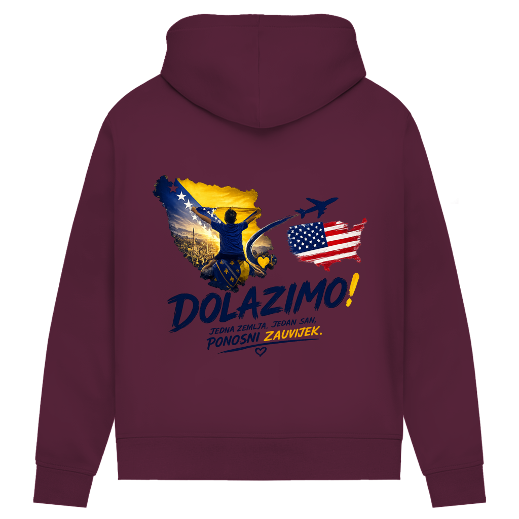 Ženski Premium organski duks – Dolazi Bosna Ponosna | Print na leđima
