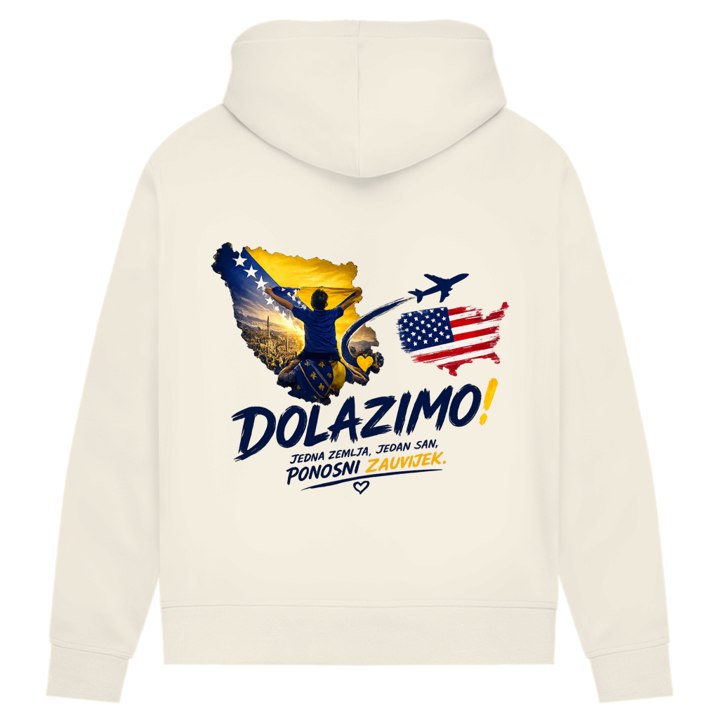 Ženski Premium organski duks – Dolazi Bosna Ponosna | Print na leđima