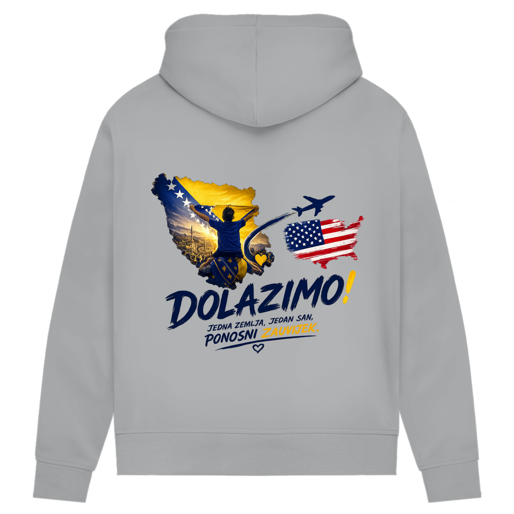 Ženski Premium organski duks – Dolazi Bosna Ponosna | Print na leđima