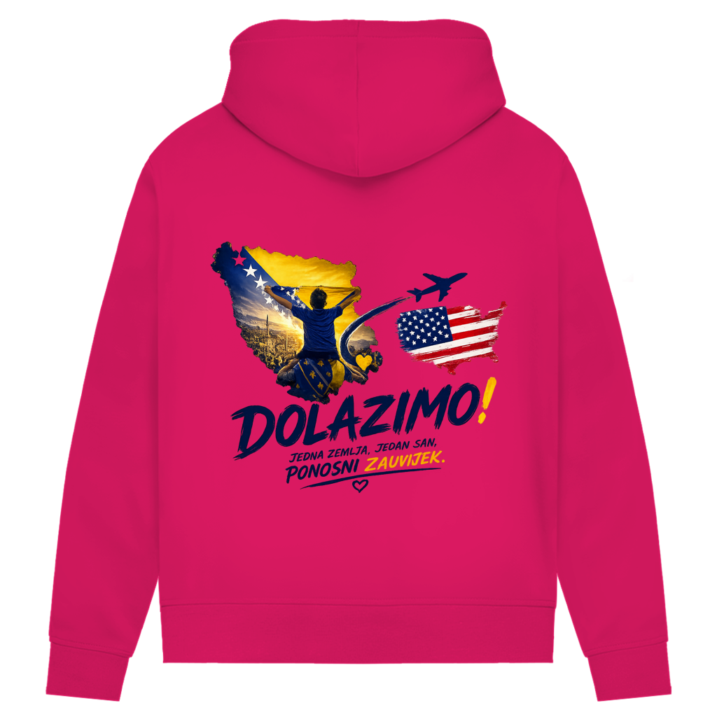 Ženski Premium organski duks – Dolazi Bosna Ponosna | Print na leđima