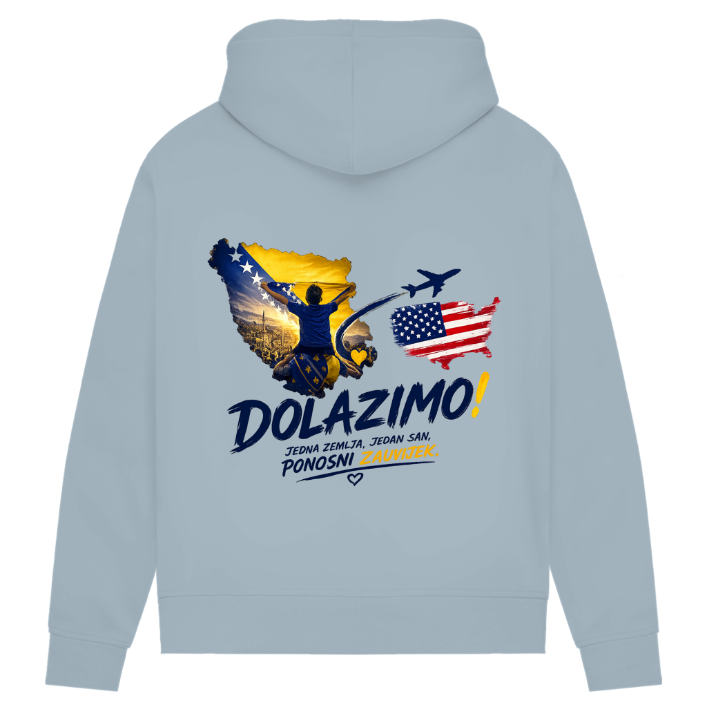 Ženski Premium organski duks – Dolazi Bosna Ponosna | Print na leđima