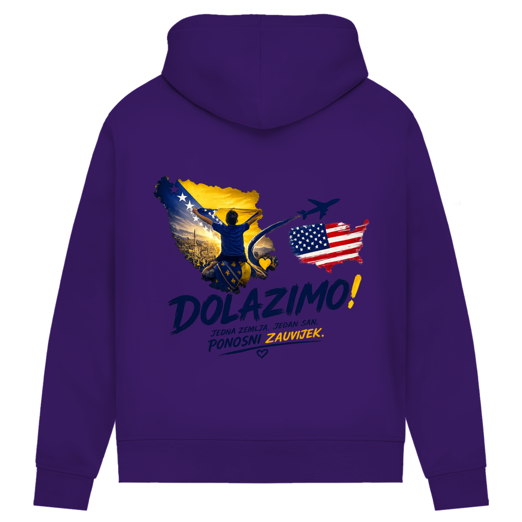 Ženski Premium organski duks – Dolazi Bosna Ponosna | Print na leđima