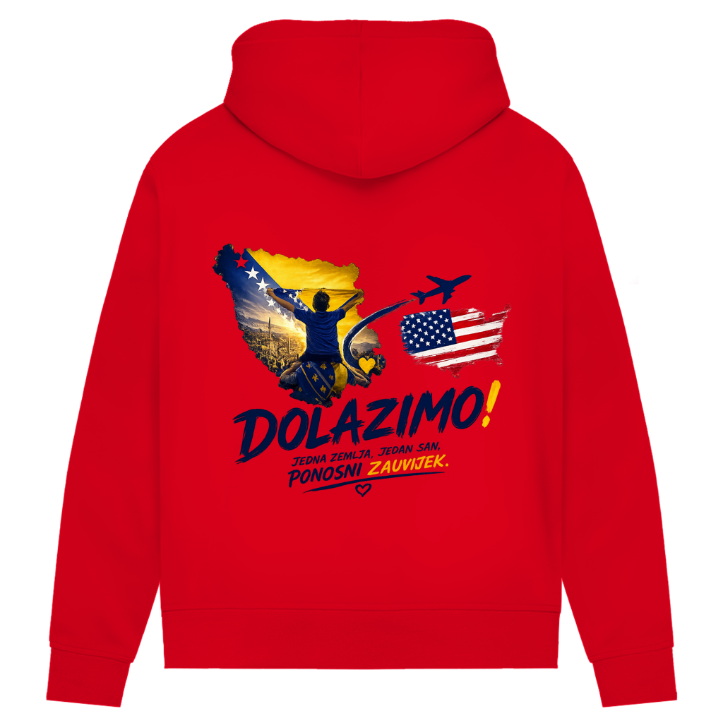 Ženski Premium organski duks – Dolazi Bosna Ponosna | Print na leđima