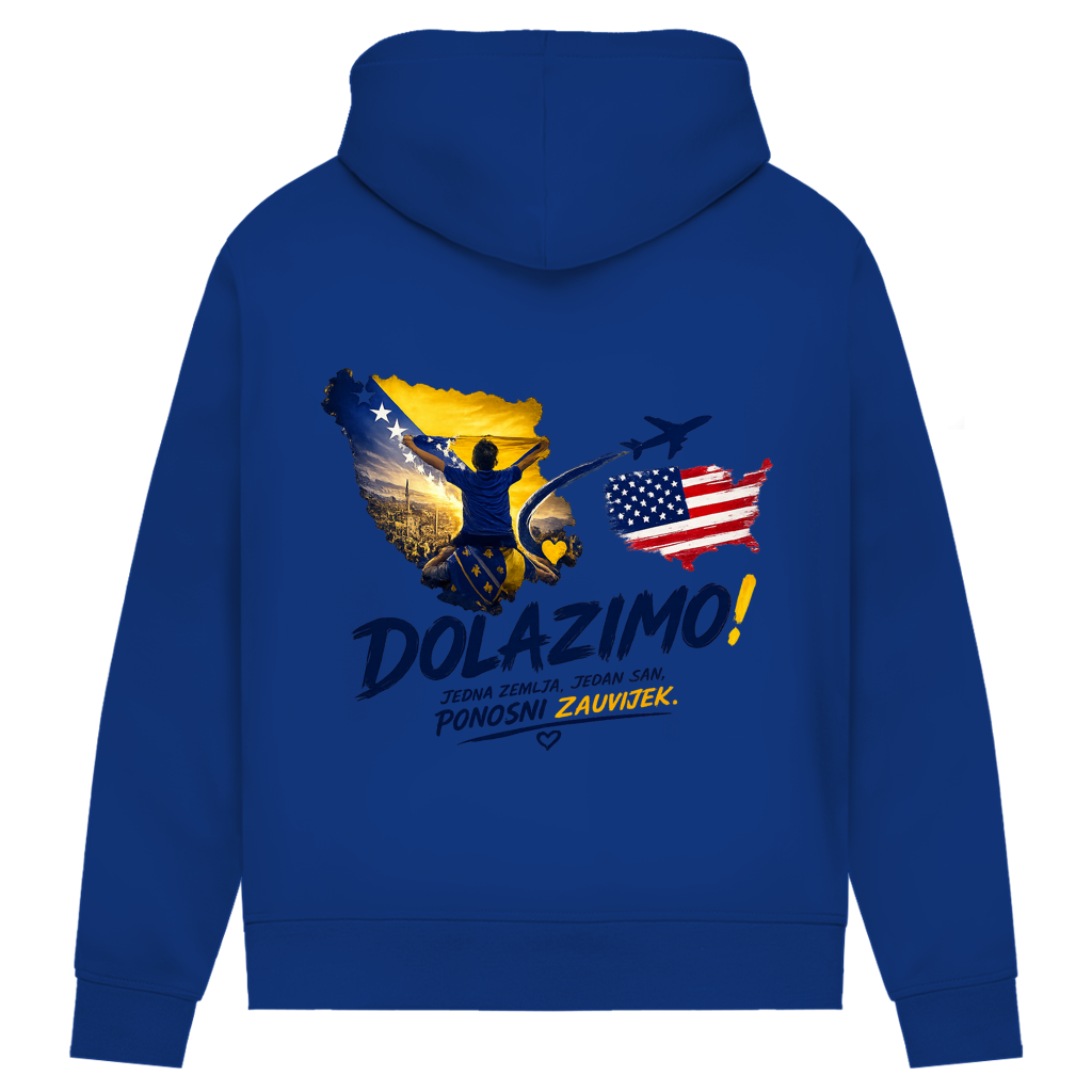 Ženski Premium organski duks – Dolazi Bosna Ponosna | Print na leđima