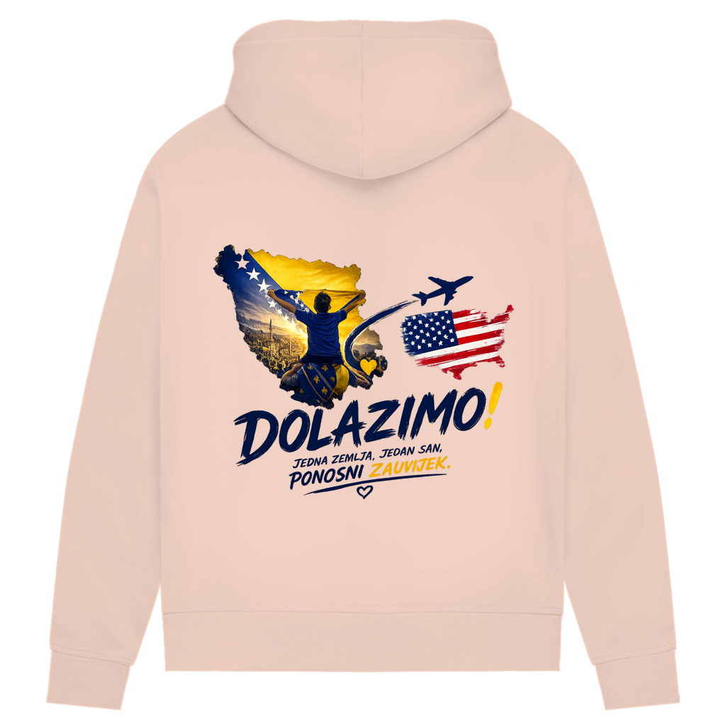 Ženski Premium organski duks – Dolazi Bosna Ponosna | Print na leđima