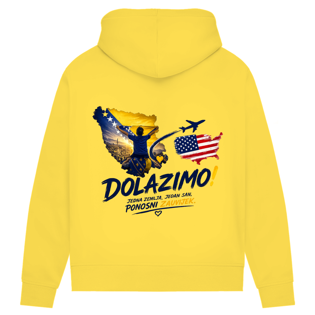 Ženski Premium organski duks – Dolazi Bosna Ponosna | Print na leđima