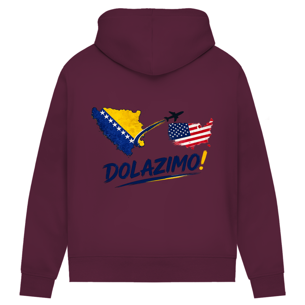 Ženski Premium organski duks s kapuljačom – Dolazi Bosna | Print na leđima