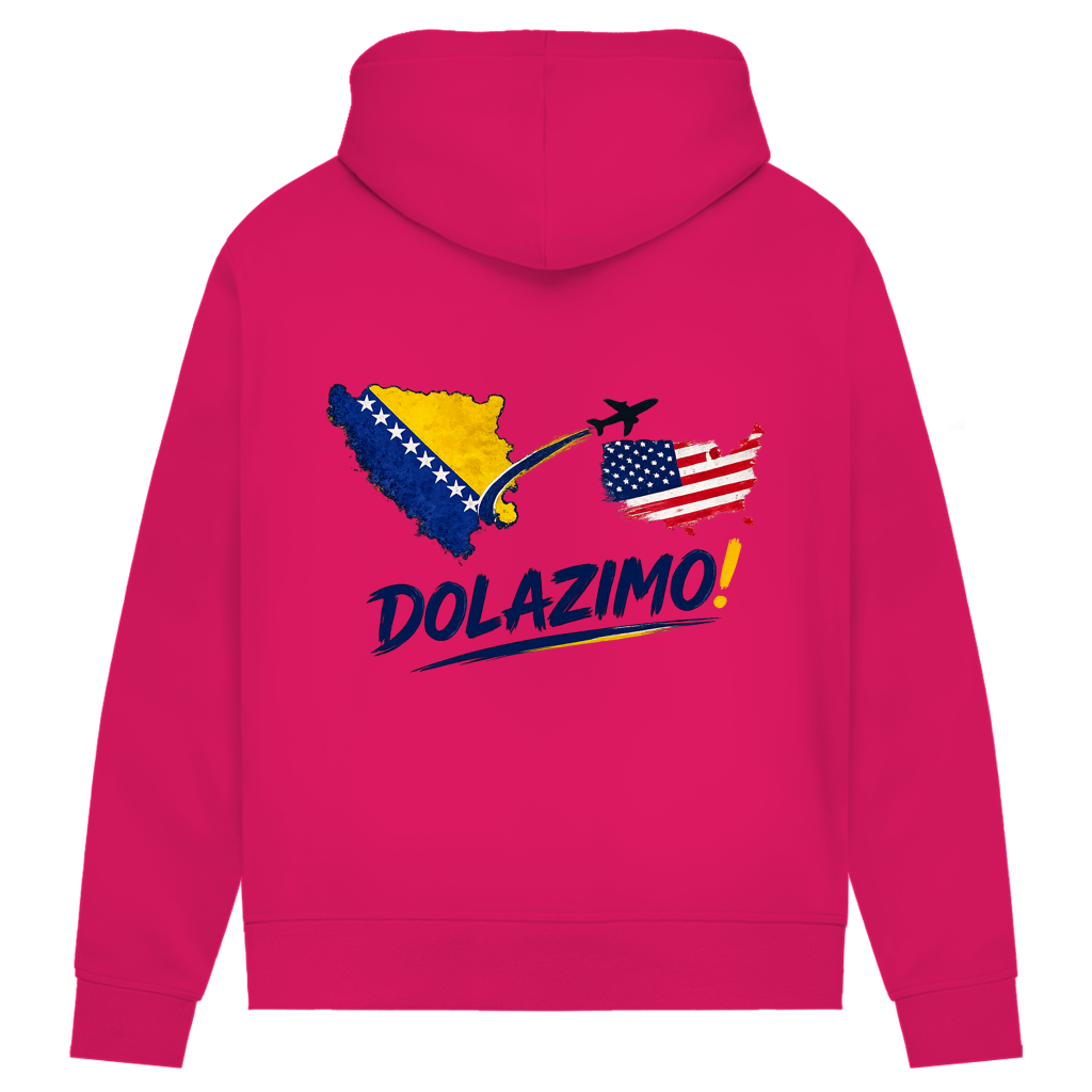 Ženski Premium organski duks s kapuljačom – Dolazi Bosna | Print na leđima