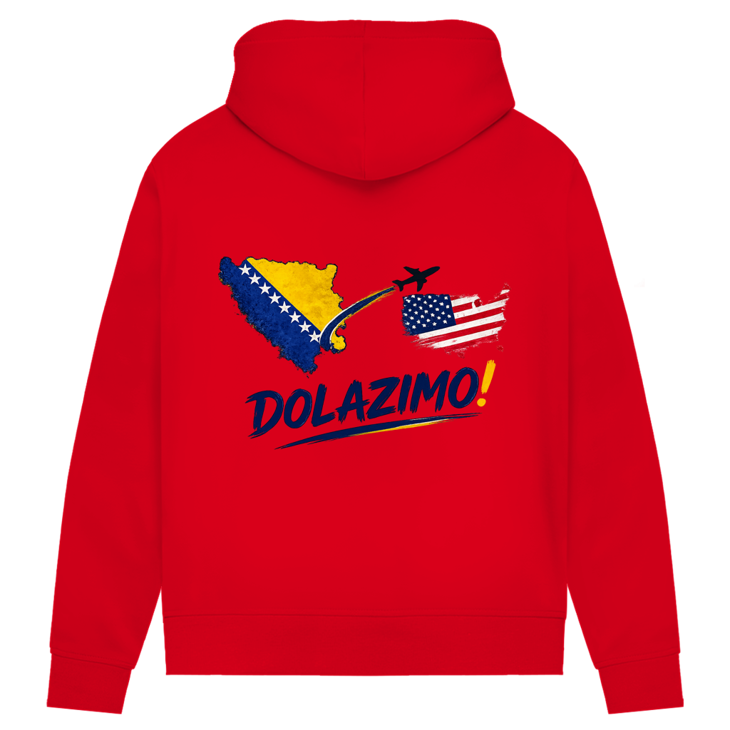 Ženski Premium organski duks s kapuljačom – Dolazi Bosna | Print na leđima