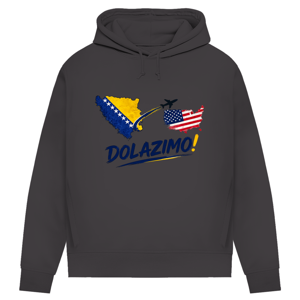 Ženski Premium organski duks s kapuljačom – Dolazi Bosna | Prednja štampa
