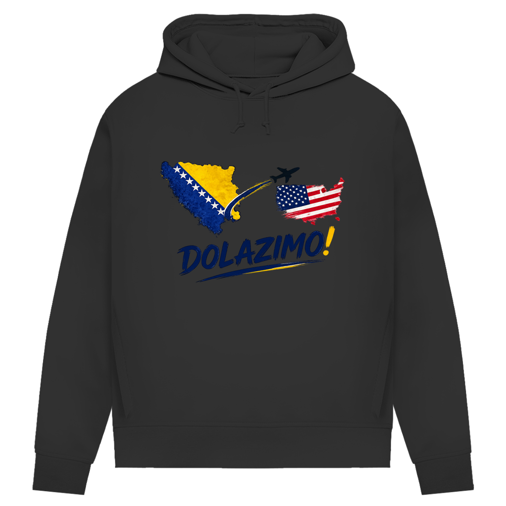 Ženski Premium organski duks s kapuljačom – Dolazi Bosna | Prednja štampa