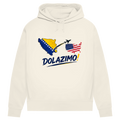 Ženski Premium organski duks s kapuljačom – Dolazi Bosna | Prednja štampa