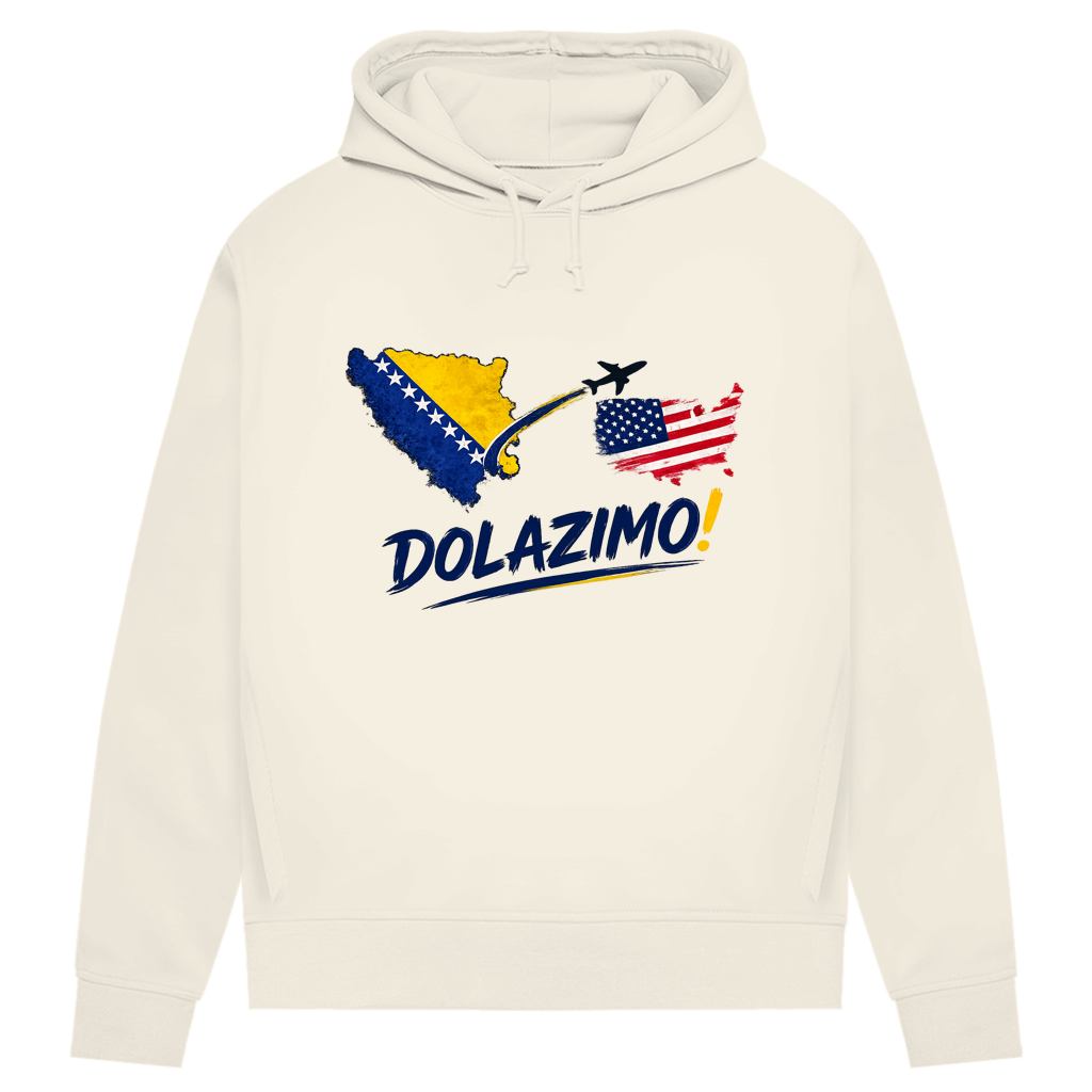Ženski Premium organski duks s kapuljačom – Dolazi Bosna | Prednja štampa