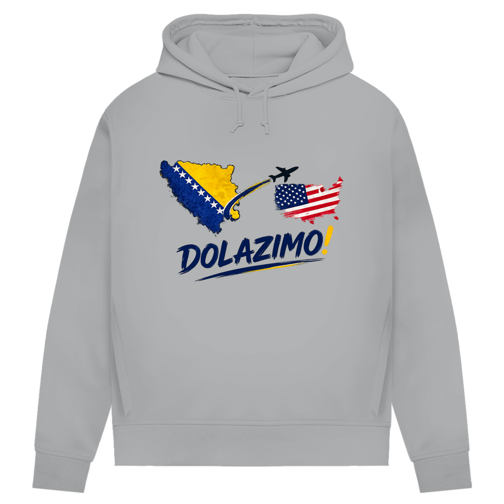 Ženski Premium organski duks s kapuljačom – Dolazi Bosna | Prednja štampa