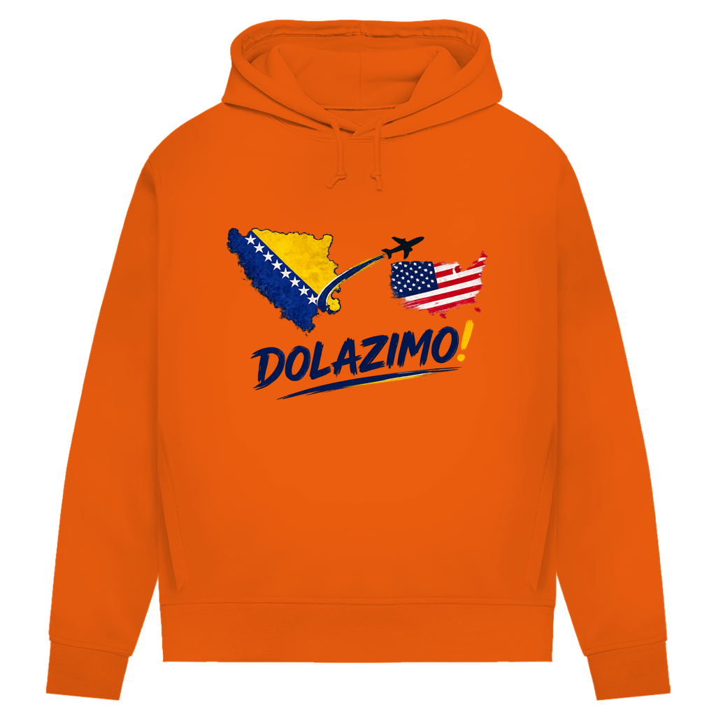Ženski Premium organski duks s kapuljačom – Dolazi Bosna | Prednja štampa