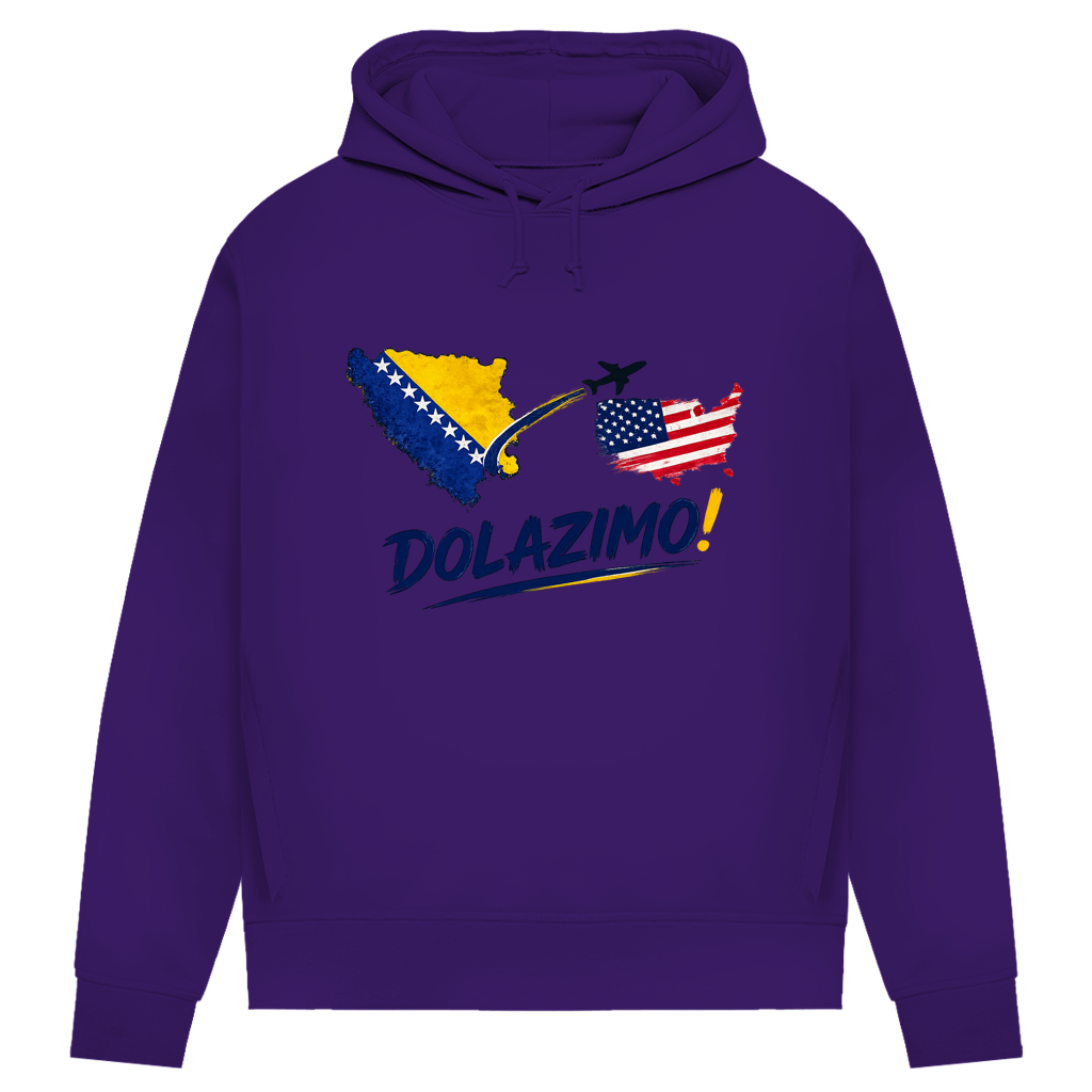 Ženski Premium organski duks s kapuljačom – Dolazi Bosna | Prednja štampa