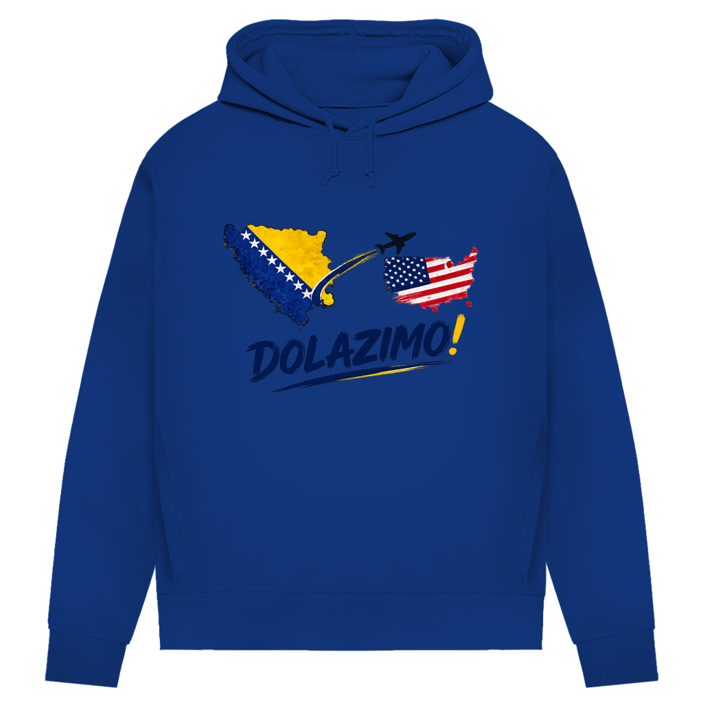 Ženski Premium organski duks s kapuljačom – Dolazi Bosna | Prednja štampa