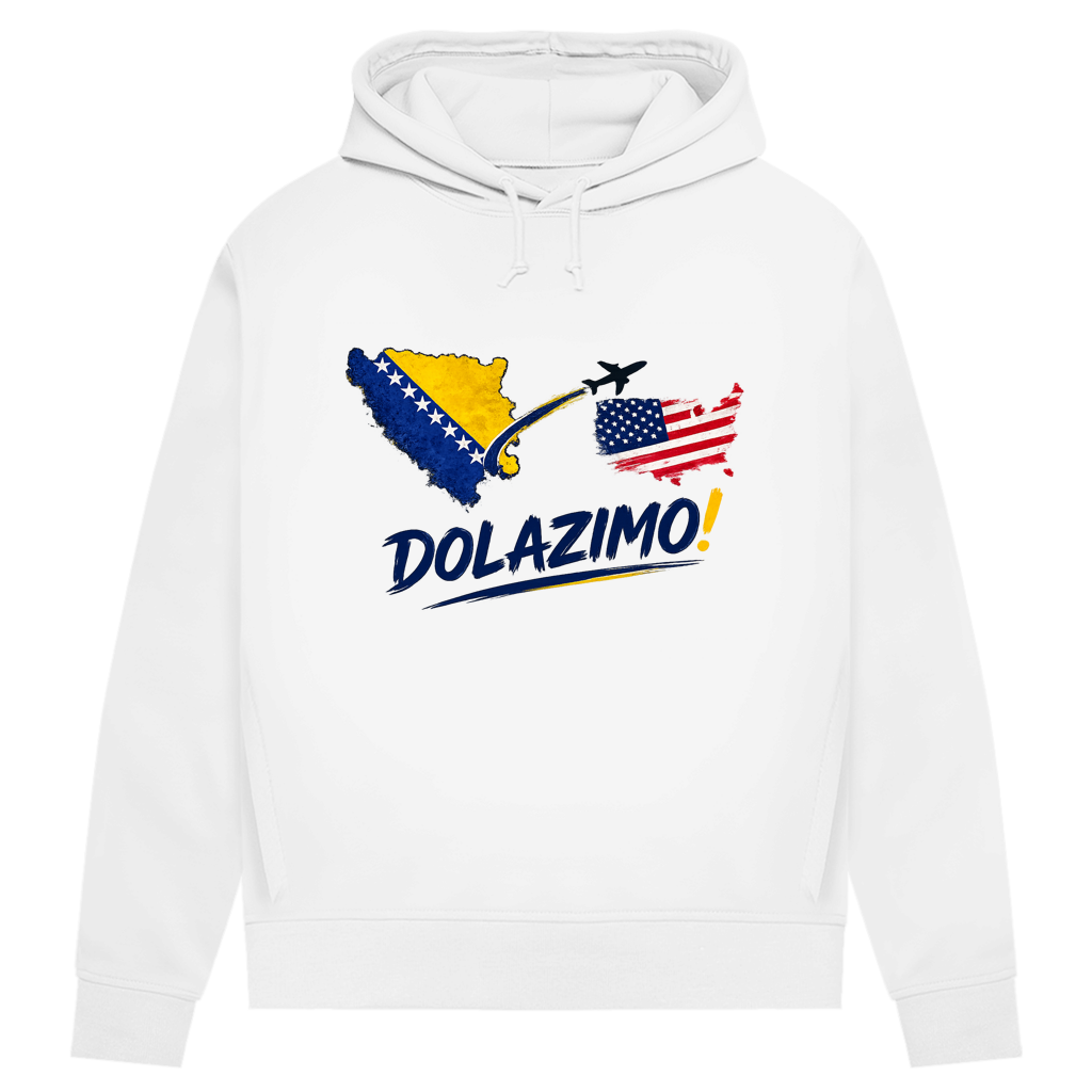 Ženski Premium organski duks s kapuljačom – Dolazi Bosna | Prednja štampa