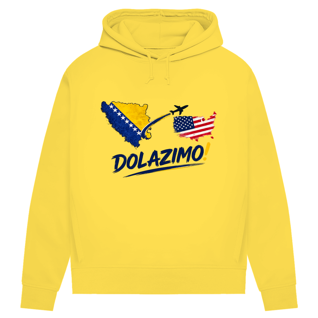 Ženski Premium organski duks s kapuljačom – Dolazi Bosna | Prednja štampa