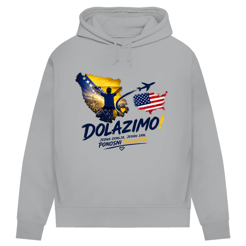 Ženska Premium Organska Majica s kapuljačom – Dolazi Bosna Ponosna | Print na prednjoj strani