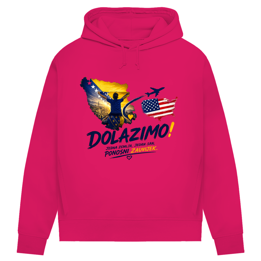 Ženska Premium Organska Majica s kapuljačom – Dolazi Bosna Ponosna | Print na prednjoj strani