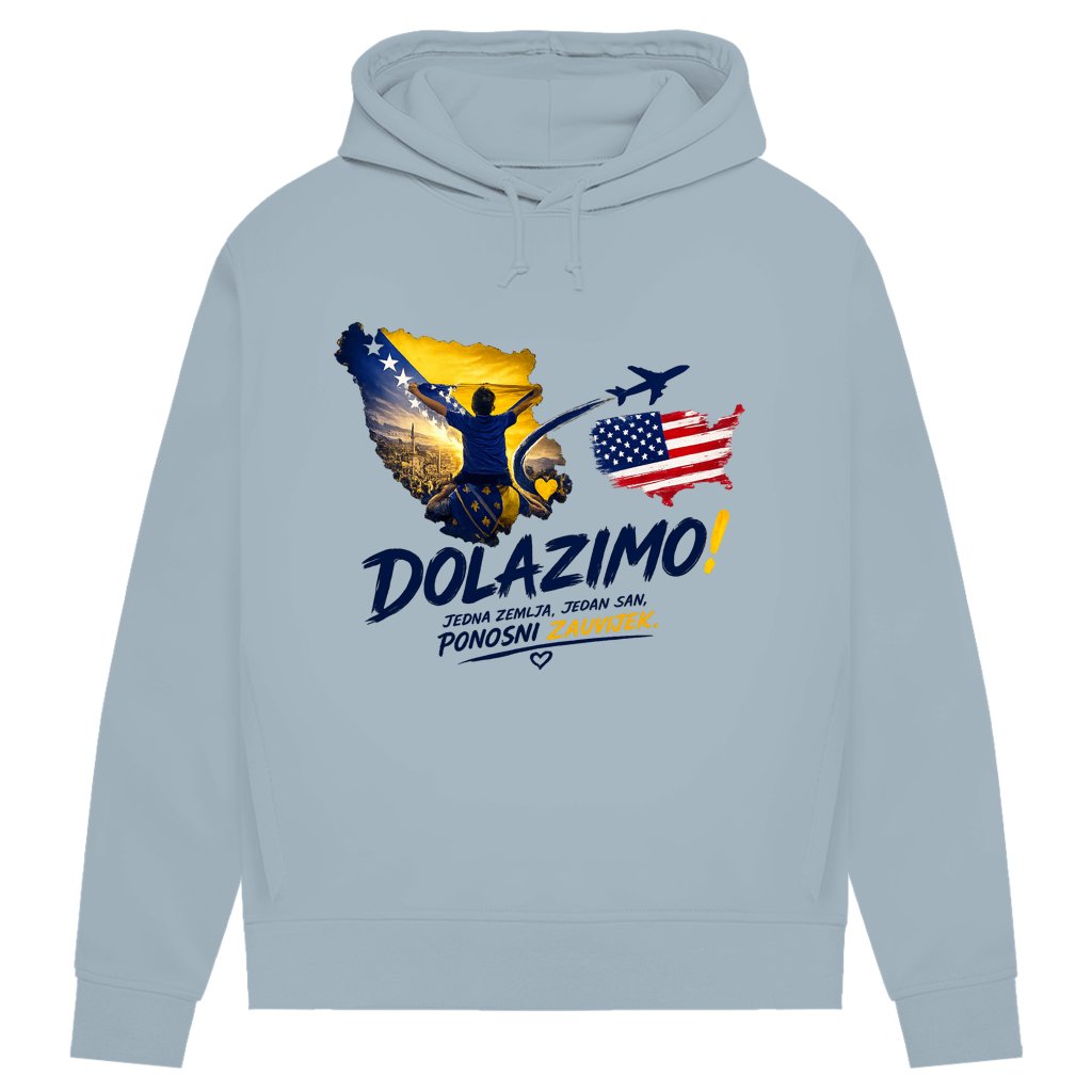Ženska Premium Organska Majica s kapuljačom – Dolazi Bosna Ponosna | Print na prednjoj strani