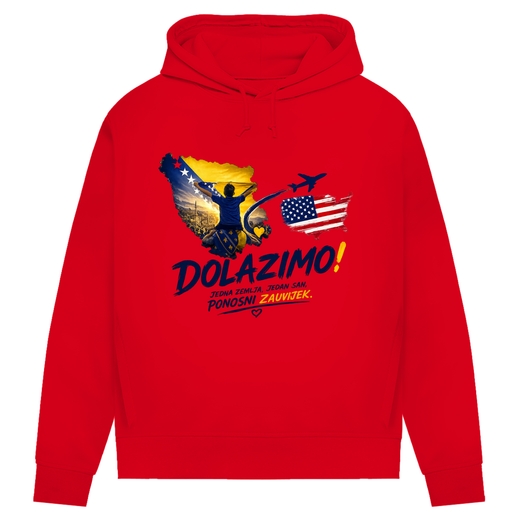 Ženska Premium Organska Majica s kapuljačom – Dolazi Bosna Ponosna | Print na prednjoj strani
