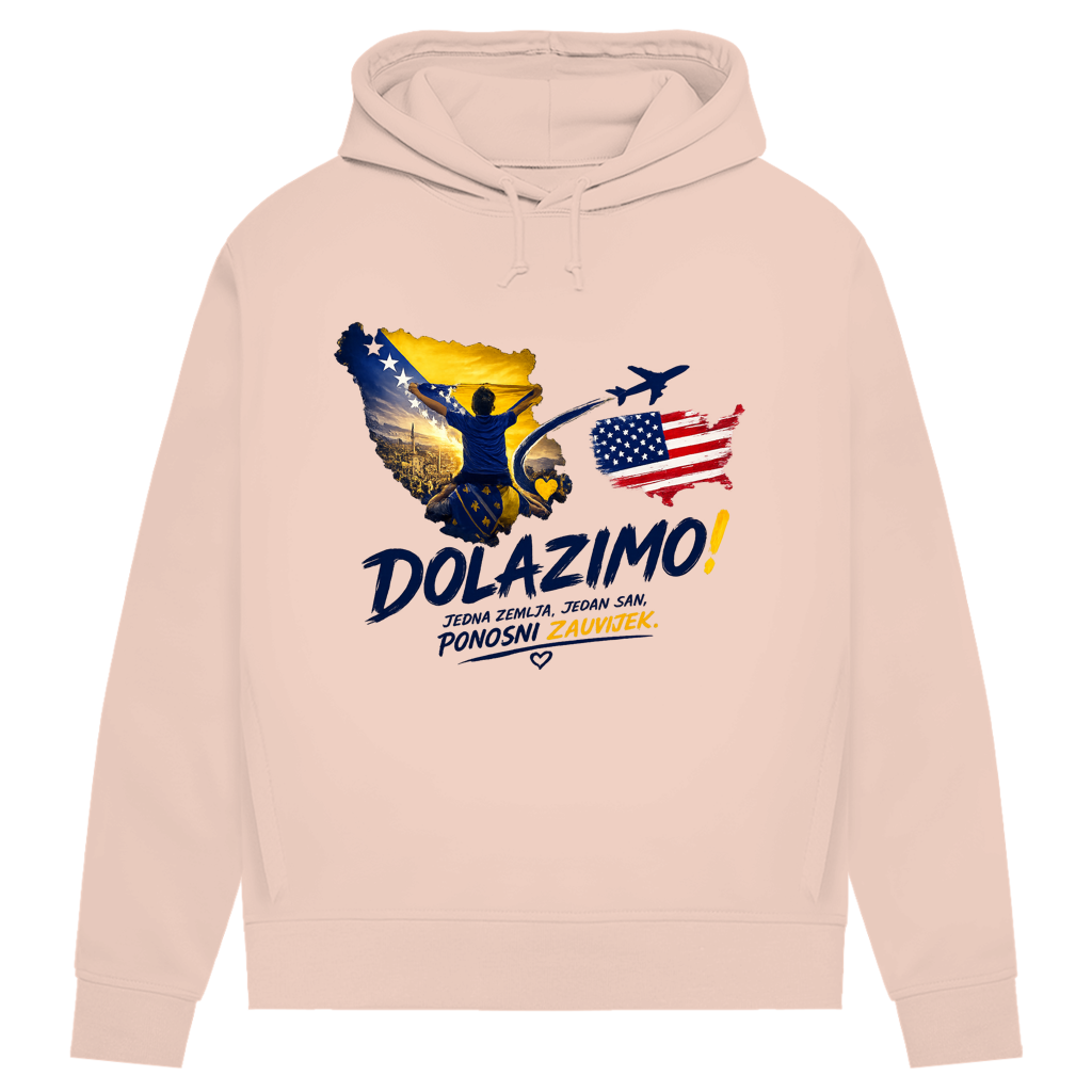 Ženska Premium Organska Majica s kapuljačom – Dolazi Bosna Ponosna | Print na prednjoj strani